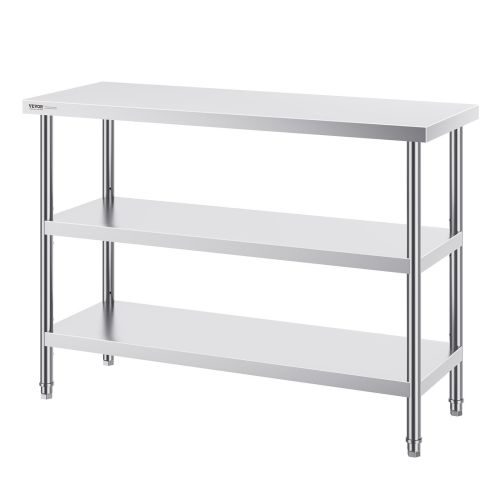 VEVOR Stainless Steel Food Prep Table, 18 x 48 x 34 Inch Commercial Kitchen Worktable, with 2 Adjustable Undershelf