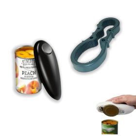One-click automatic electric can opener + Manual Cork opener set, electric can opener for arthritis and the elderly - easy to use, smooth edges (Color: black)